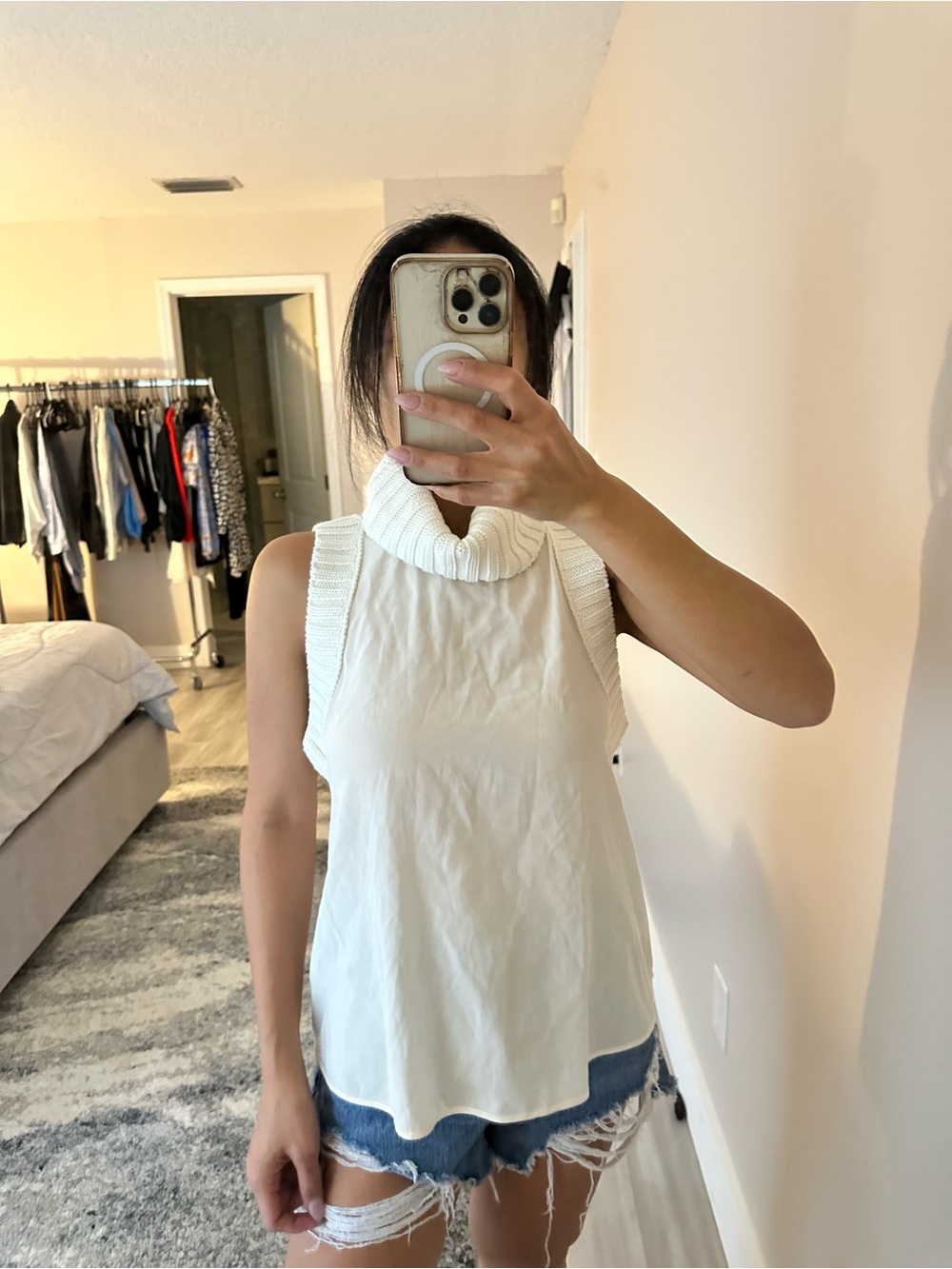 Elizabeth and James White Sleeveless Knit Turtleneck Camisole
